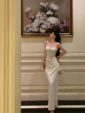 Sheath Spaghetti Straps White Satin Date Night Dress Long Prom Dresses Birthday Outfits SD1067