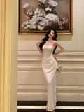Sheath Spaghetti Straps White Satin Date Night Dress Long Prom Dresses Birthday Outfits SD1067