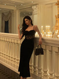 Sheath Spaghetti Straps Black Lace Date Night Dress Long Prom Dresses Birthday Outfits SD1078