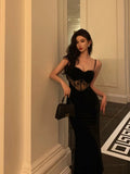 Sheath Spaghetti Straps Black Lace Date Night Dress Long Prom Dresses Birthday Outfits SD1078
