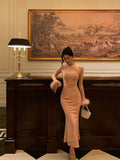 Sheath High Neckline Long Sleeves Pink Date Night Dress Long Prom Dresses Birthday Outfits SD1080