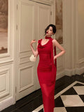 Sheath Spaghetti Straps Red Prom Dresses Birthday Outfits Evening Gown SD1084