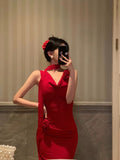 Sheath Spaghetti Straps Red Prom Dresses Birthday Outfits Evening Gown SD1084
