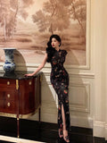 Sheath High Neckline Black Floral Date Night Dress Long Prom Dresses Birthday Outfits SD1089