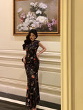 Sheath High Neckline Black Floral Date Night Dress Long Prom Dresses Birthday Outfits SD1089