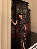 Sheath High Neckline Black Floral Date Night Dress Long Prom Dresses Birthday Outfits SD1089