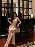Mermaid Spaghetti Straps Champagne Slit Date Night Dress Prom Dresses Birthday Outfits SD1094