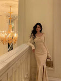 Mermaid Long Sleeves Ivory Slit Prom Dresses Birthday Outfits Evening Gown SD1095