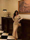 Mermaid Long Sleeves Ivory Slit Prom Dresses Birthday Outfits Evening Gown SD1095