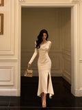 Mermaid Long Sleeves Ivory Slit Prom Dresses Birthday Outfits Evening Gown SD1095