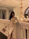 Mermaid Long Sleeves Ivory Slit Prom Dresses Birthday Outfits Evening Gown SD1095