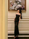 Sheath Strapless Black Floral Prom Dresses Birthday Outfits Evening Gown SD1100