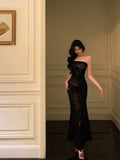 Sheath Strapless Black Floral Prom Dresses Birthday Outfits Evening Gown SD1100