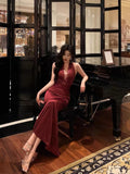 Mermaid V Neckline Burgundy Date Night Dress Lace Prom Dresses Birthday Outfits SD1102