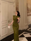 Mermaid High Neckline Green Satin Floral Date Night Dress Long Prom Dresses Birthday Outfits SD1108