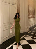 Mermaid High Neckline Green Satin Floral Date Night Dress Long Prom Dresses Birthday Outfits SD1108