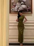 Mermaid High Neckline Green Satin Floral Date Night Dress Long Prom Dresses Birthday Outfits SD1108