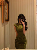Mermaid High Neckline Green Satin Floral Date Night Dress Long Prom Dresses Birthday Outfits SD1108