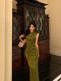Mermaid High Neckline Green Satin Floral Date Night Dress Long Prom Dresses Birthday Outfits SD1108