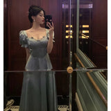 A Line Sweetheart Blue Satin Prom Dresses Birthday Outfits Evening Gown SD1109