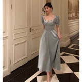 A Line Sweetheart Blue Satin Prom Dresses Birthday Outfits Evening Gown SD1109