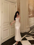 Mermaid Spaghetti Straps Ivory Satin Date Night Dress Prom Dresses Birthday Outfits SD1110