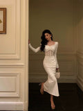 Sheath Long Sleeves White Prom Dresses Birthday Outfits Evening Gown SD1116