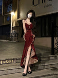 High Low Spaghetti Straps Lolita Dress Christmas Dress Burgundy Birthday Dresses SD1129