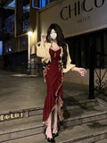 High Low Spaghetti Straps Lolita Dress Christmas Dress Burgundy Birthday Dresses SD1129