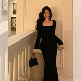 Mermaid Square Neckline Black Prom Dresses Birthday Outfits Evening Gowns SD1132