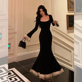 Mermaid Square Neckline Black Prom Dresses Birthday Outfits Evening Gowns SD1132