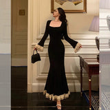 Mermaid Square Neckline Black Prom Dresses Birthday Outfits Evening Gowns SD1132