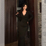 Mermaid V Neckline Long Sleeves Black Prom Dresses Birthday Outfits SD1133