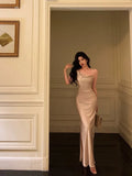 Sheath Straps Champagne Slit Prom Dresses Long Birthday Outfits SD1135