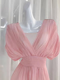 A line V Neckline Ruffled Pink Chiffon Beach Dress Women's Vacation Dresses SD1141