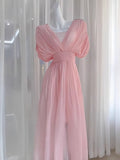 A line V Neckline Ruffled Pink Chiffon Beach Dress Women's Vacation Dresses SD1141