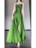 Sheath Spaghetti Straps Green Satin Beach Dress Women's Vacation Dresses SD1145