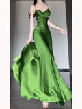 Sheath Spaghetti Straps Green Satin Beach Dress Women's Vacation Dresses SD1145