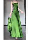 Sheath Spaghetti Straps Green Satin Beach Dress Women's Vacation Dresses SD1145