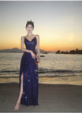 Sheath Spaghetti Straps Blue Sequin Beach Dress Women's Vacation Dresses Prom Dress SD1152