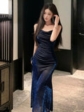 Sheath Spaghetti Straps Navy Blue Sequin Birthday Dresses Prom Dress SD1153