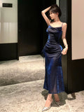 Sheath Spaghetti Straps Navy Blue Sequin Birthday Dresses Prom Dress SD1153