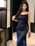 Sheath Spaghetti Straps Navy Blue Sequin Birthday Dresses Prom Dress SD1153