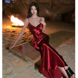 Sheath Spaghetti Straps Red Backless Satin Birthday Dresses Prom Dress SD1158