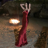 Sheath Spaghetti Straps Red Backless Satin Birthday Dresses Prom Dress SD1158