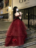 Ball Gown Strapless Burgundy Tulle Birthday Dresses Night Party Dress SD1159