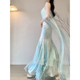 Mermaid Spaghetti Straps Light Green Chiffon Long Prom Dress Birthday Dresses Birthday Outfits SD1164