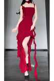 High Low Spaghetti Straps Christmas Dress Red Prom Dresses Birthday Outfits SD1168