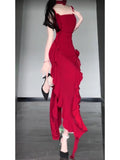 High Low Spaghetti Straps Christmas Dress Red Prom Dresses Birthday Outfits SD1168