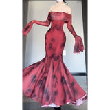 Mermaid Off The Shoulder Floral Red Long Sleeves Party Dresses Birthday Outfits SD1172